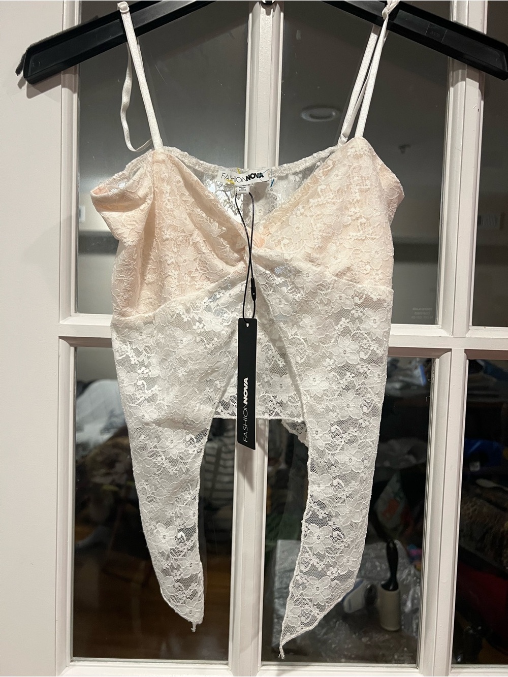 Fashion Nova Two-Tone Lace Chemise in Cream and White